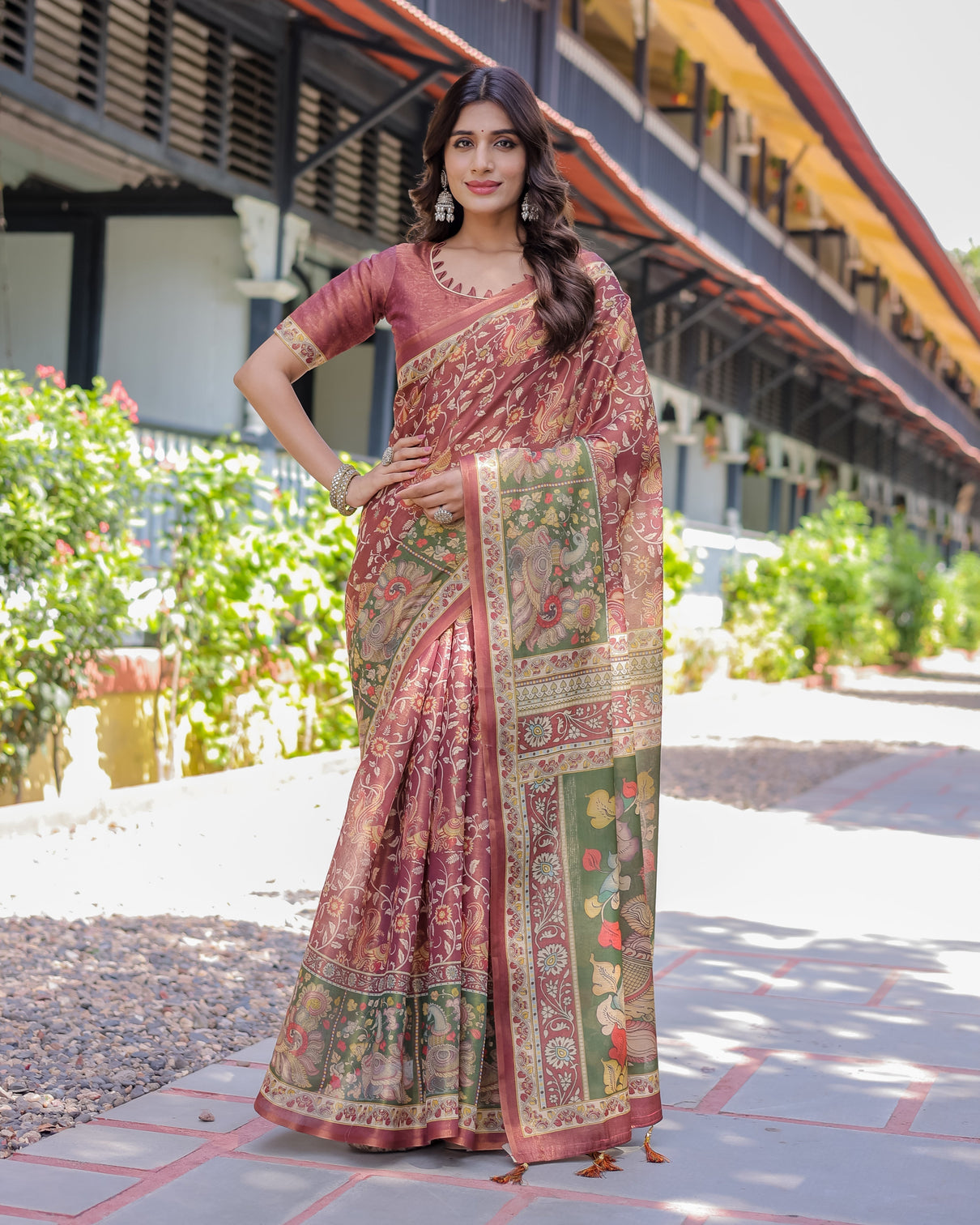 Maroon handloom cotton saree with intricate peacock floral art contrast green pallu mameraa