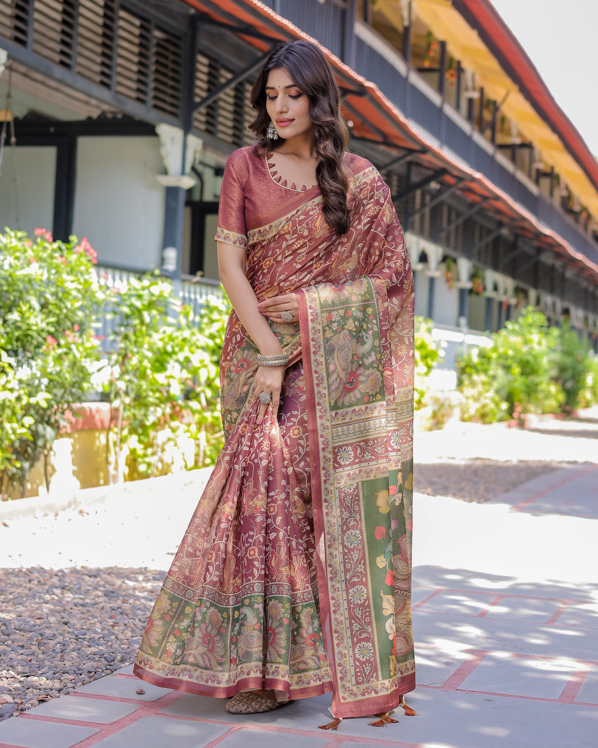 Maroon handloom cotton saree with intricate peacock floral art contrast green pallu