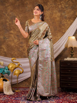 Olive Green Kanjivaram Banarasi Satin Silk Saree with Antique Silver Zari Weaving, Heritage Pallu & Tassel Detailing
