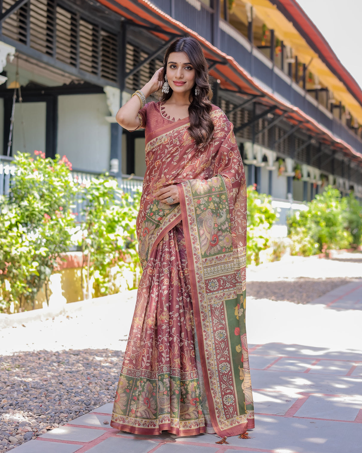 Maroon handloom cotton saree with intricate peacock floral art contrast green pallu