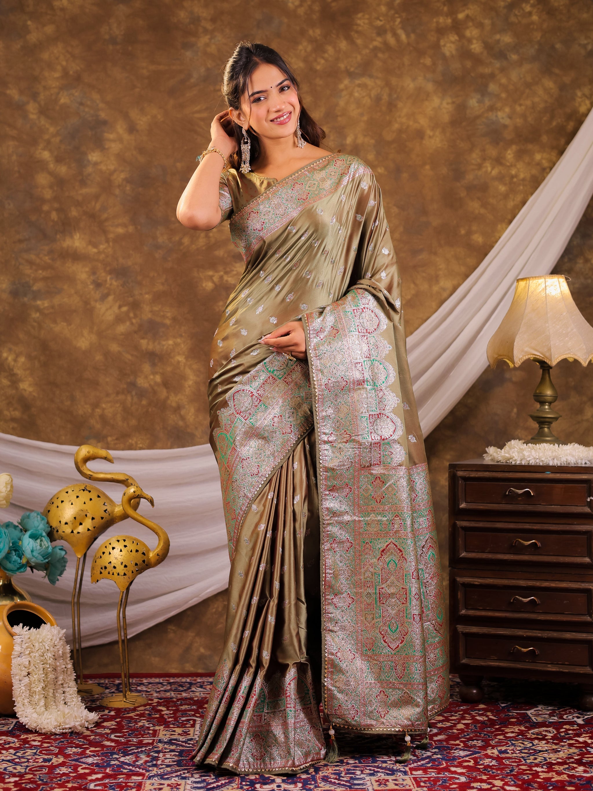 Olive Green Kanjivaram Banarasi Satin Silk Saree with Antique Silver Zari Weaving, Heritage Pallu & Tassel Detailing