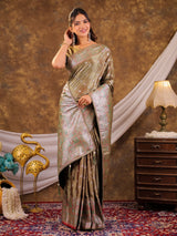 Olive Green Kanjivaram Banarasi Satin Silk Saree with Antique Silver Zari Weaving, Heritage Pallu & Tassel Detailing