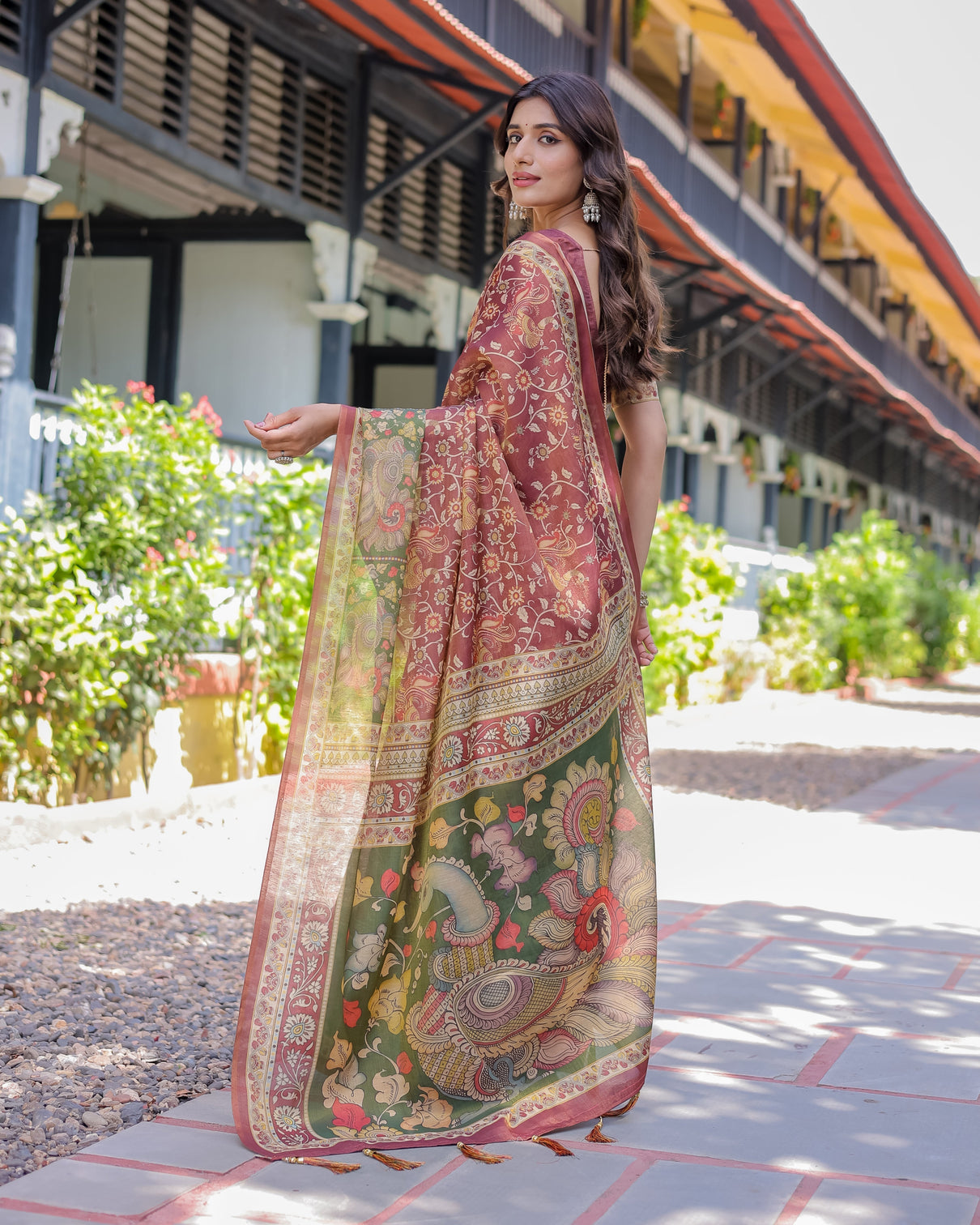 Maroon handloom cotton saree with intricate peacock floral art contrast green pallu