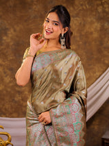 Olive Green Kanjivaram Banarasi Satin Silk Saree with Antique Silver Zari Weaving, Heritage Pallu & Tassel Detailing