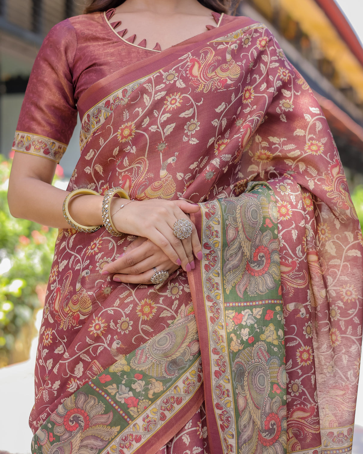 Maroon handloom cotton saree with intricate peacock floral art contrast green pallu