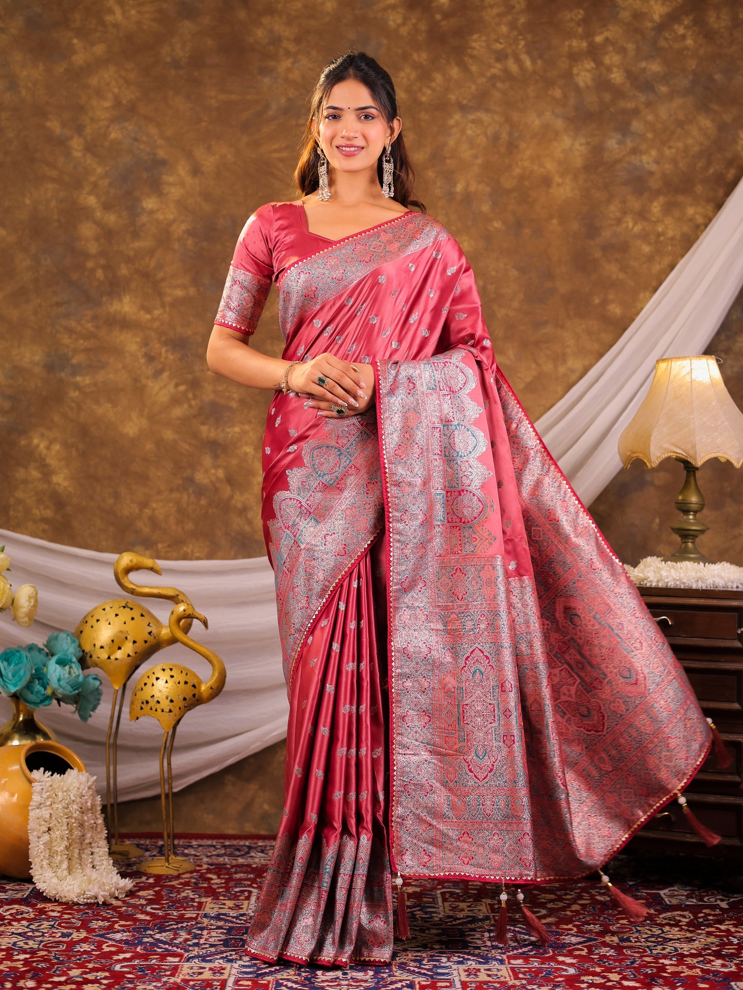 Rose Pink Kanjivaram Banarasi Satin Silk Saree with Antique Silver Zari Weaving, Heritage Pallu & Tassel Detailing