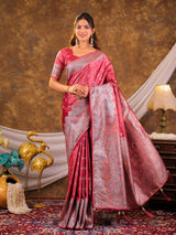 Rose Pink Kanjivaram Banarasi Satin Silk Saree with Antique Silver Zari Weaving, Heritage Pallu & Tassel Detailing