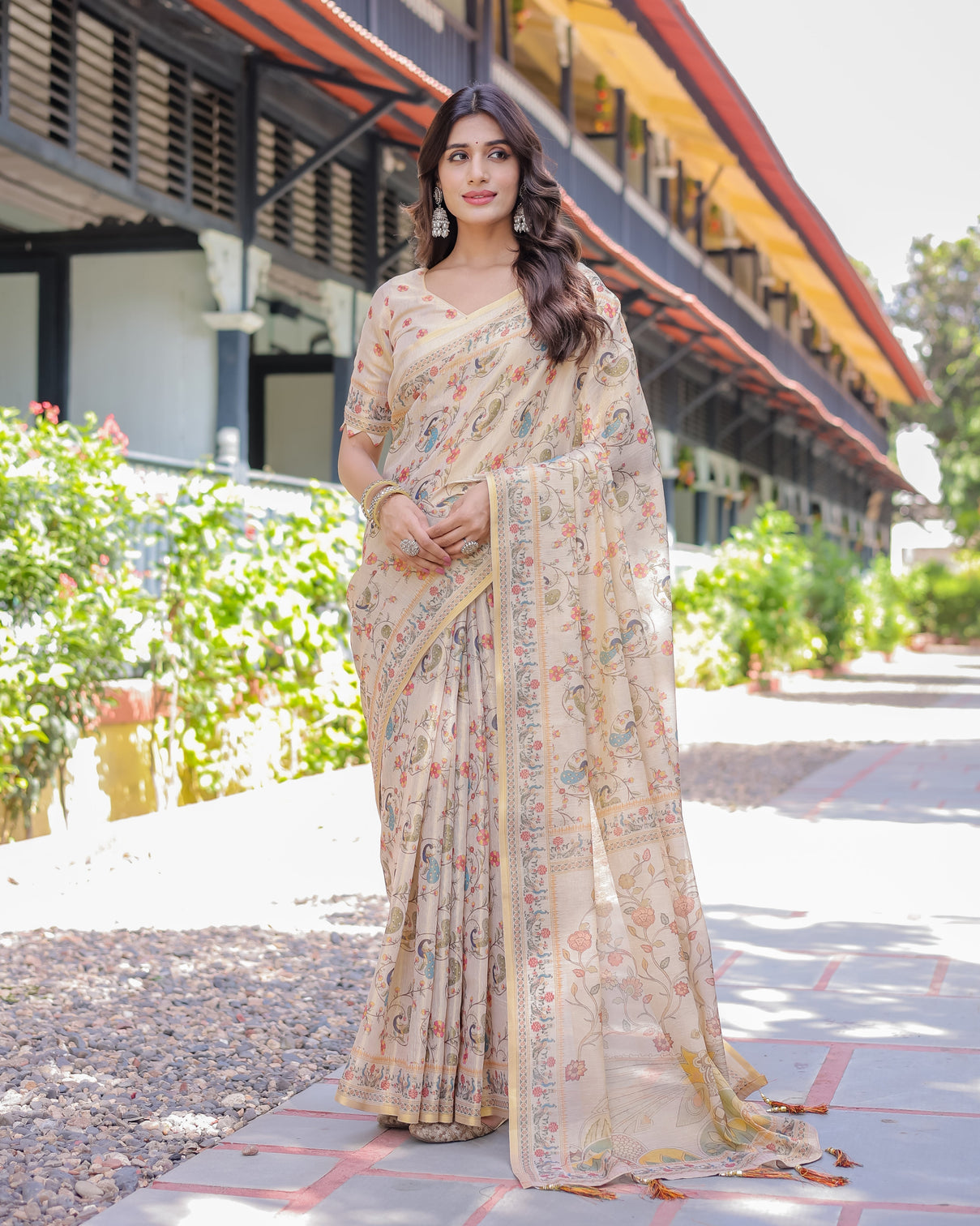 Ivory cream handloom cotton saree with peacock floral digital print mameraa