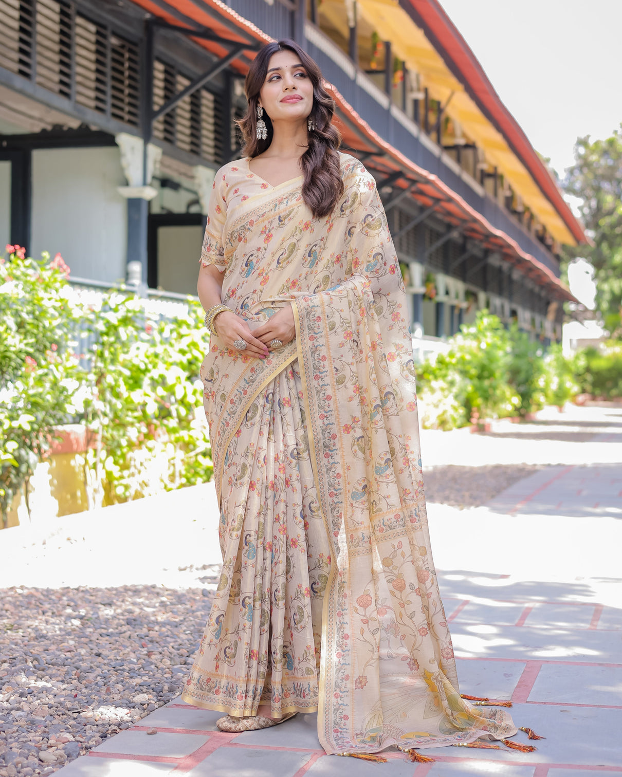 Ivory cream handloom cotton saree with peacock floral digital print