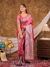Rose Pink Kanjivaram Banarasi Satin Silk Saree with Antique Silver Zari Weaving, Heritage Pallu & Tassel Detailing