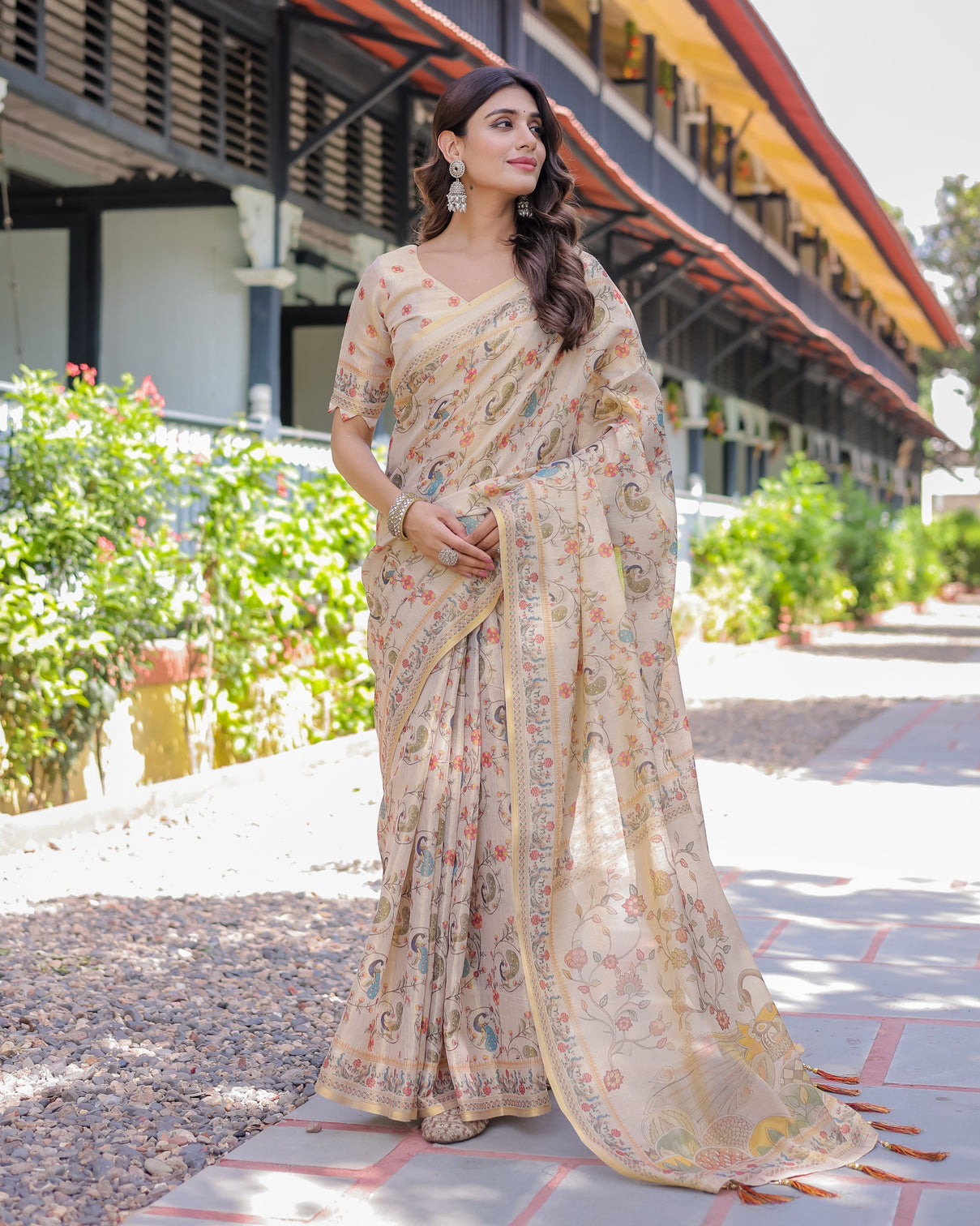 Ivory cream handloom cotton saree with peacock floral digital print