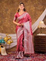 Rose Pink Kanjivaram Banarasi Satin Silk Saree with Antique Silver Zari Weaving, Heritage Pallu & Tassel Detailing