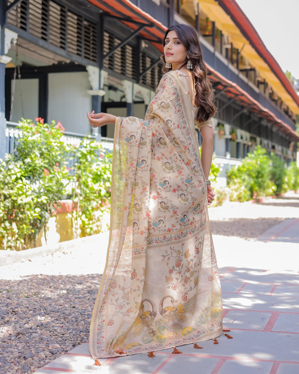 Ivory cream handloom cotton saree with peacock floral digital print