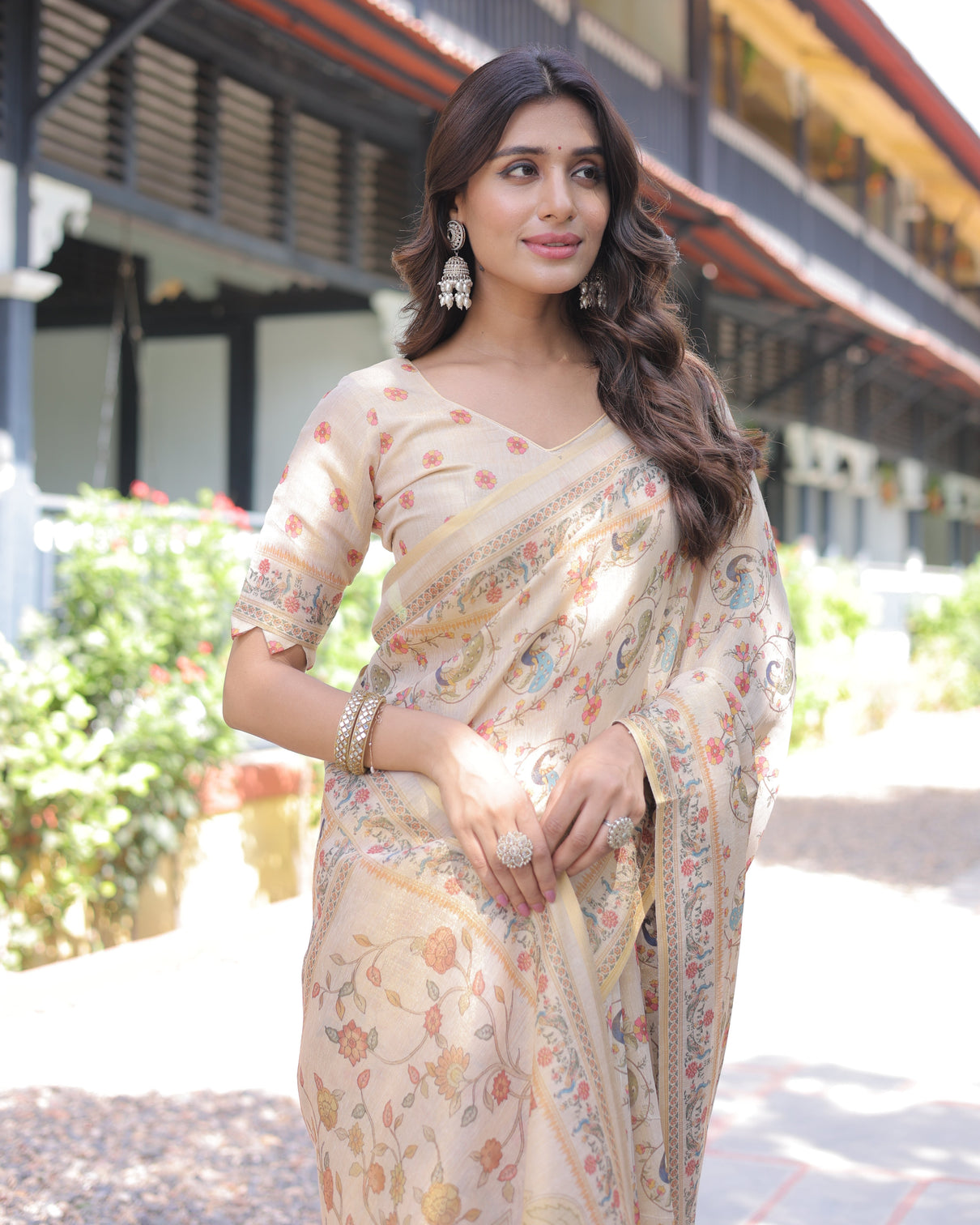 Ivory cream handloom cotton saree with peacock floral digital print