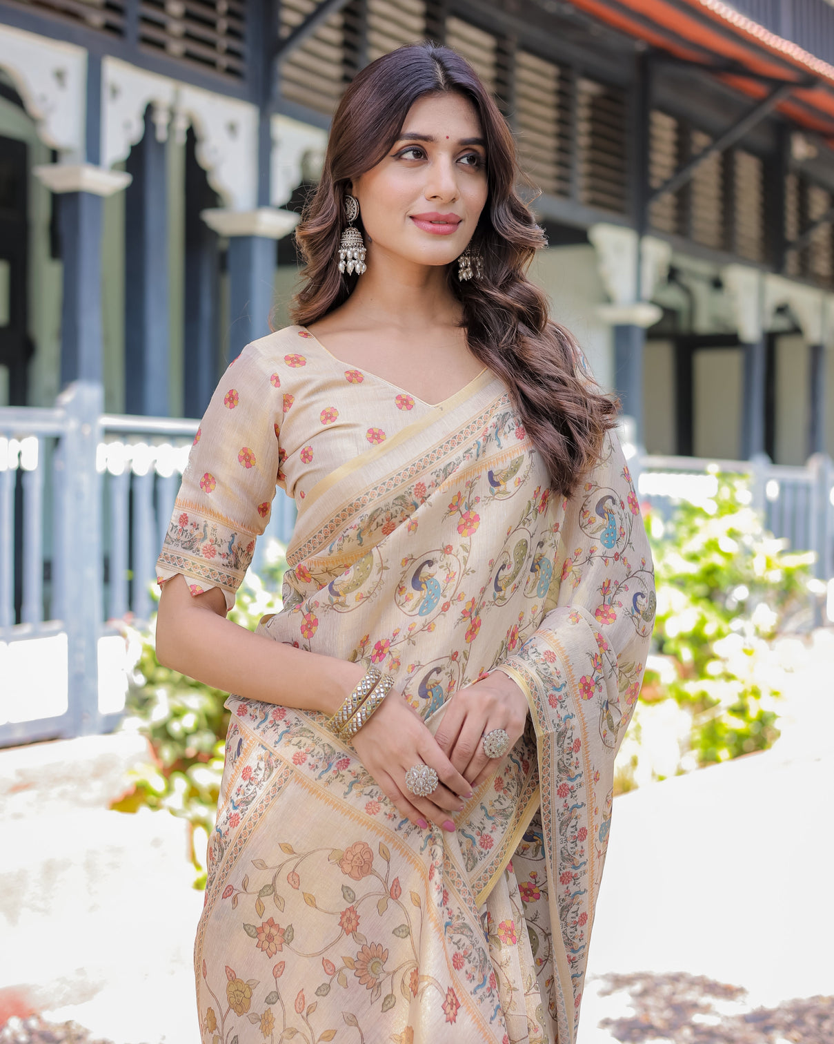 Ivory cream handloom cotton saree with peacock floral digital print