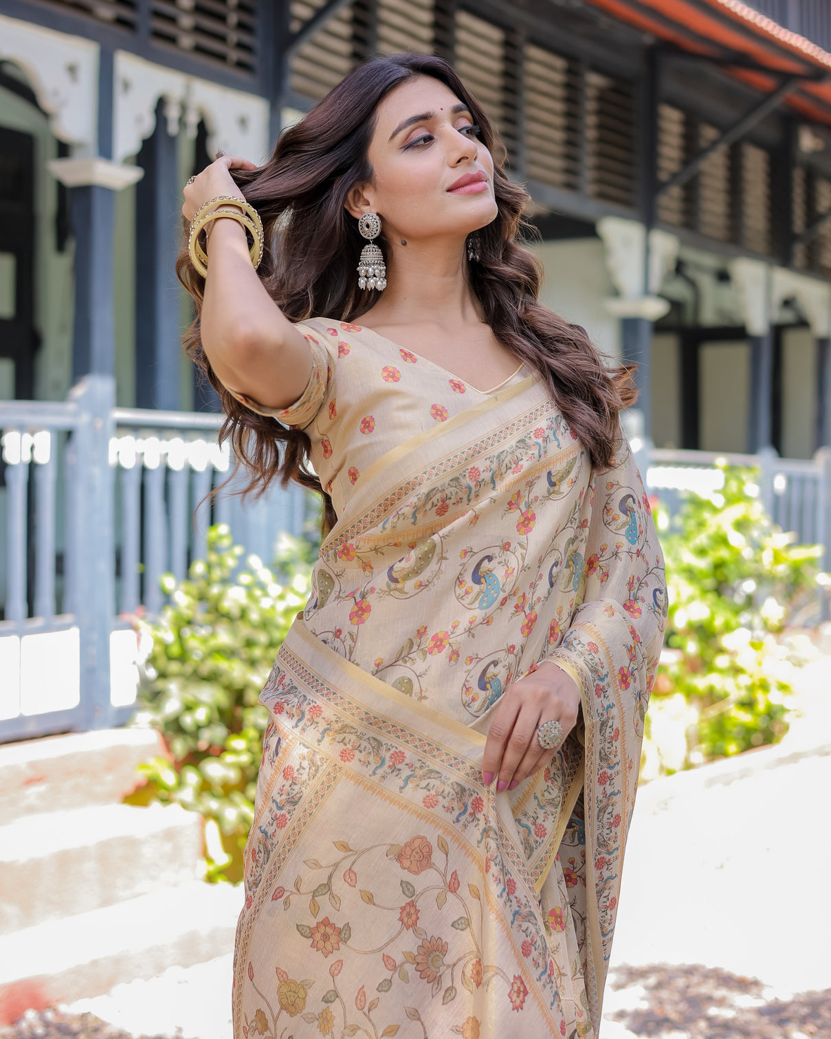 Ivory cream handloom cotton saree with peacock floral digital print