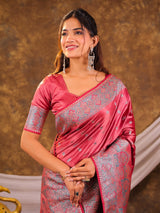Rose Pink Kanjivaram Banarasi Satin Silk Saree with Antique Silver Zari Weaving, Heritage Pallu & Tassel Detailing