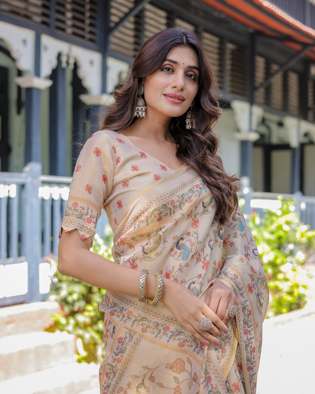 Ivory cream handloom cotton saree with peacock floral digital print