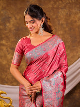 Rose Pink Kanjivaram Banarasi Satin Silk Saree with Antique Silver Zari Weaving, Heritage Pallu & Tassel Detailing