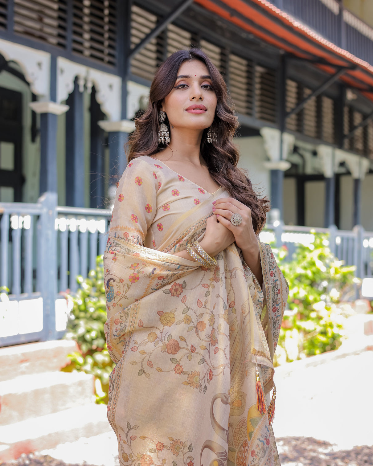 Ivory cream handloom cotton saree with peacock floral digital print