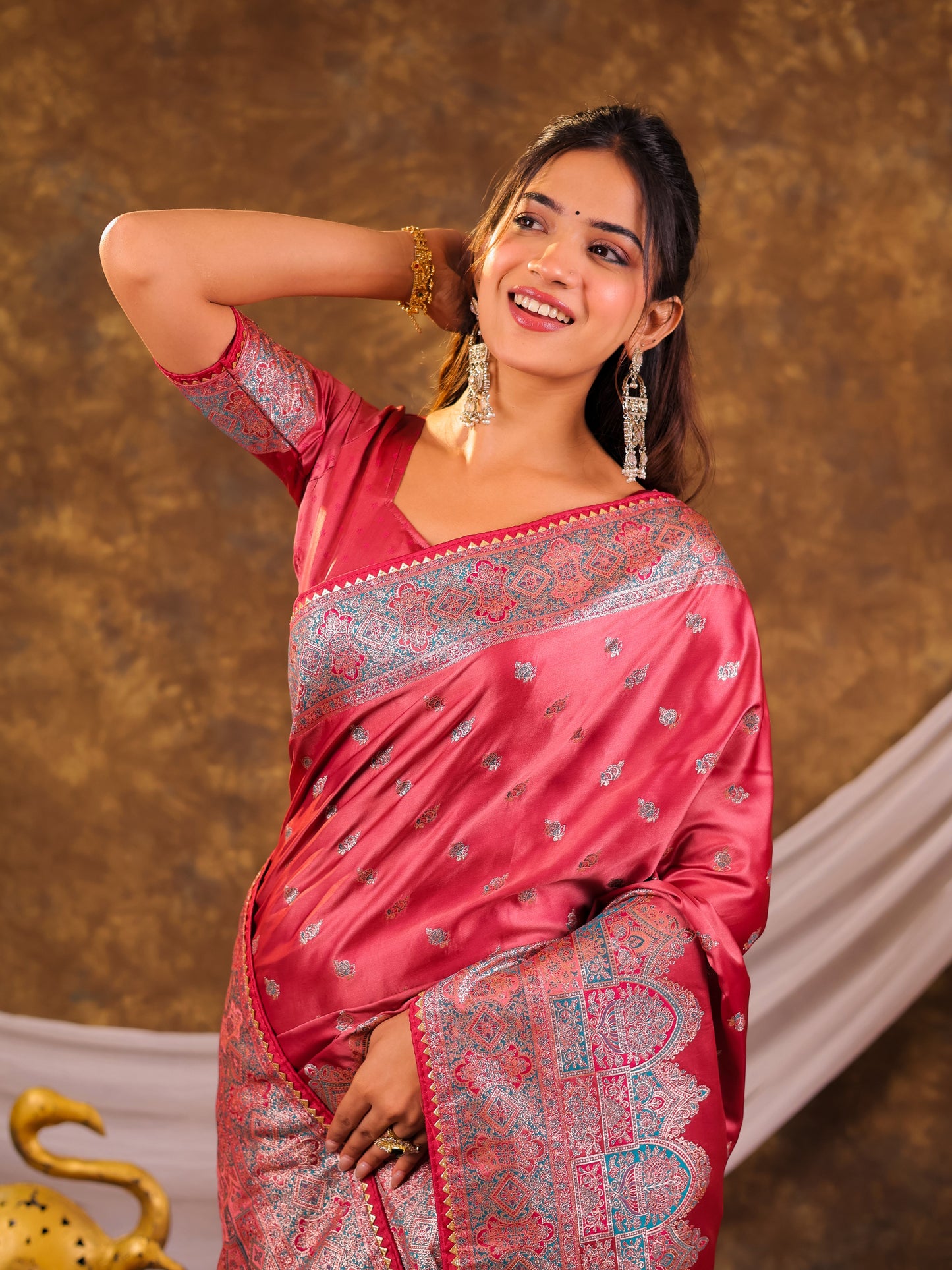 Rose Pink Kanjivaram Banarasi Satin Silk Saree with Antique Silver Zari Weaving, Heritage Pallu & Tassel Detailing
