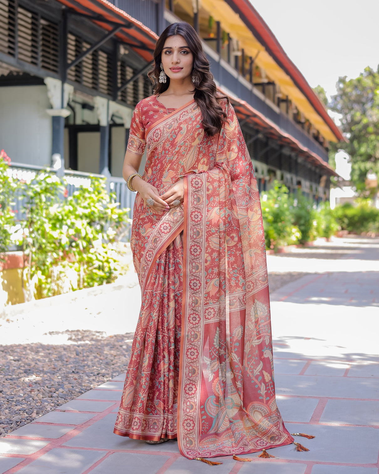 Rust red handloom cotton saree with artistic peacock floral print contrast blouse included mameraa