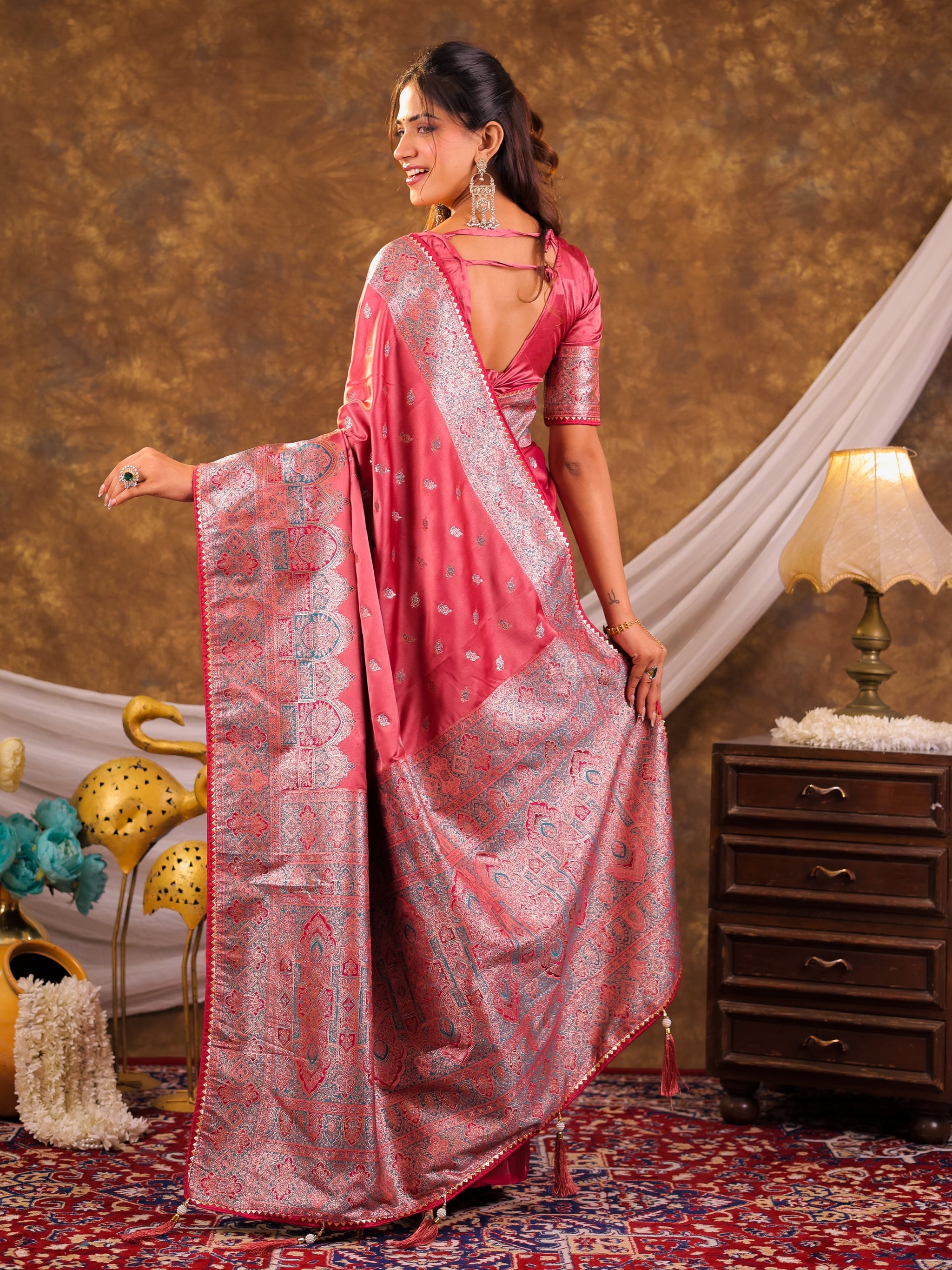 Rose Pink Kanjivaram Banarasi Satin Silk Saree with Antique Silver Zari Weaving, Heritage Pallu & Tassel Detailing