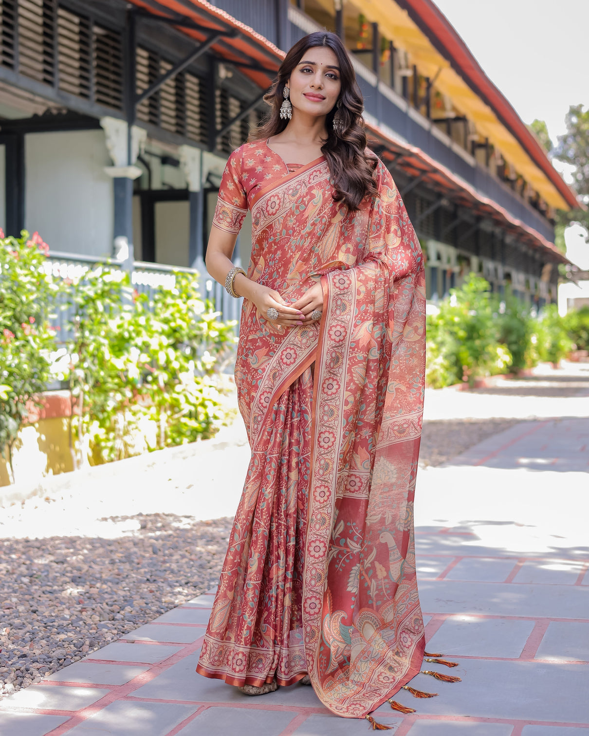 Rust red handloom cotton saree with artistic peacock floral print contrast blouse included