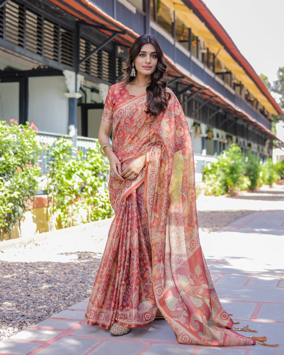 Rust red handloom cotton saree with artistic peacock floral print contrast blouse included
