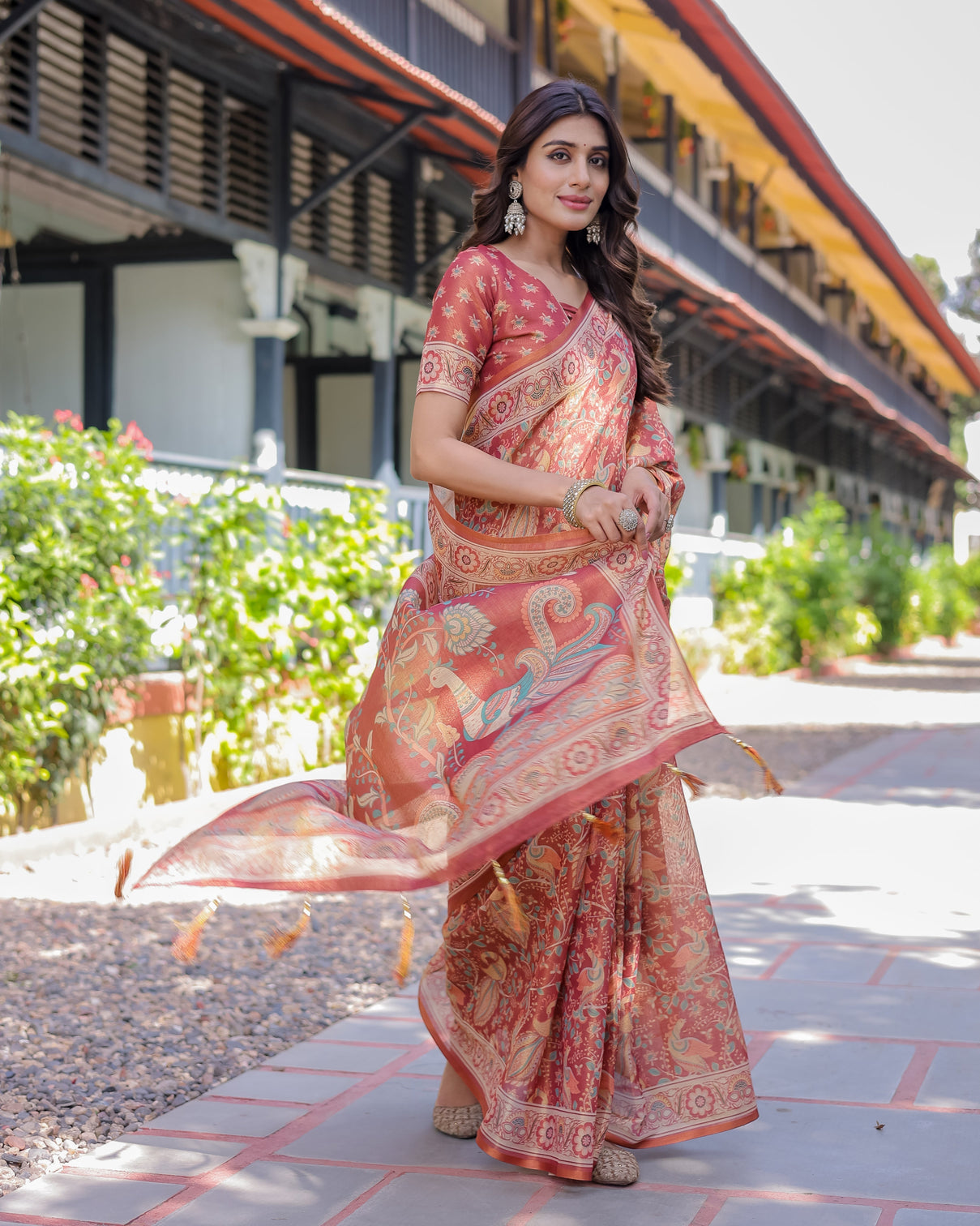 Rust red handloom cotton saree with artistic peacock floral print contrast blouse included