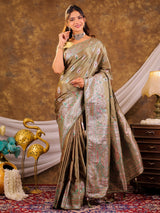 Olive Gold Kanjivaram Banarasi Satin Silk Saree with Antique Silver Zari Weaving, Heritage Pallu & Tassel Detailing