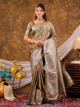 Olive Gold Kanjivaram Banarasi Satin Silk Saree with Antique Silver Zari Weaving, Heritage Pallu & Tassel Detailing