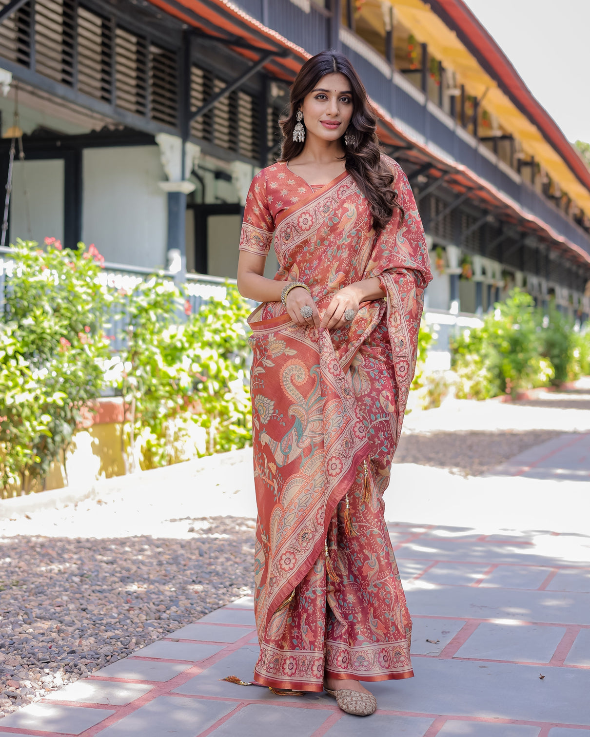 Rust red handloom cotton saree with artistic peacock floral print contrast blouse included