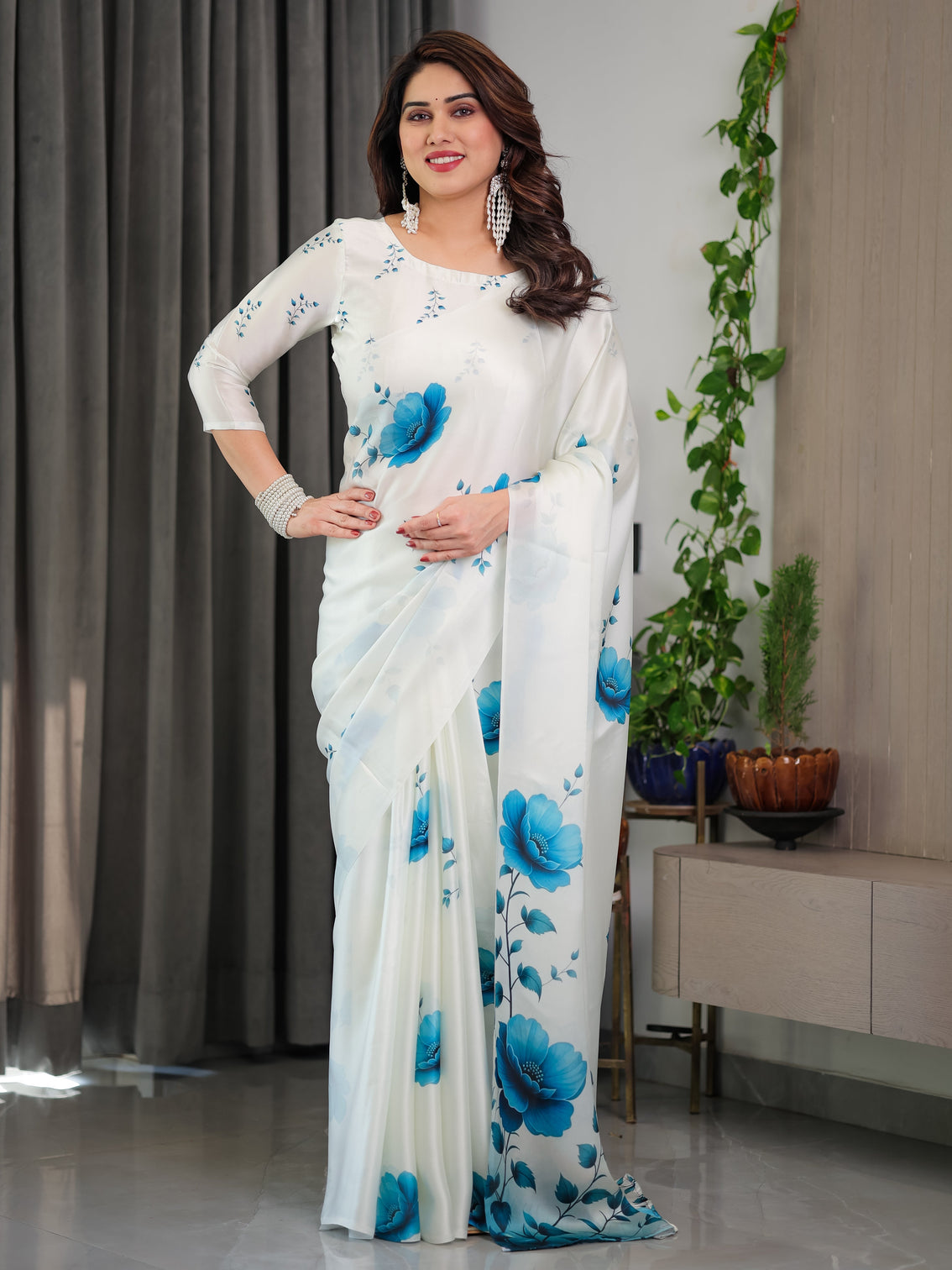 White blue floral satin georgette saree with watercolour bloom print and designer back tie blouse mameraa