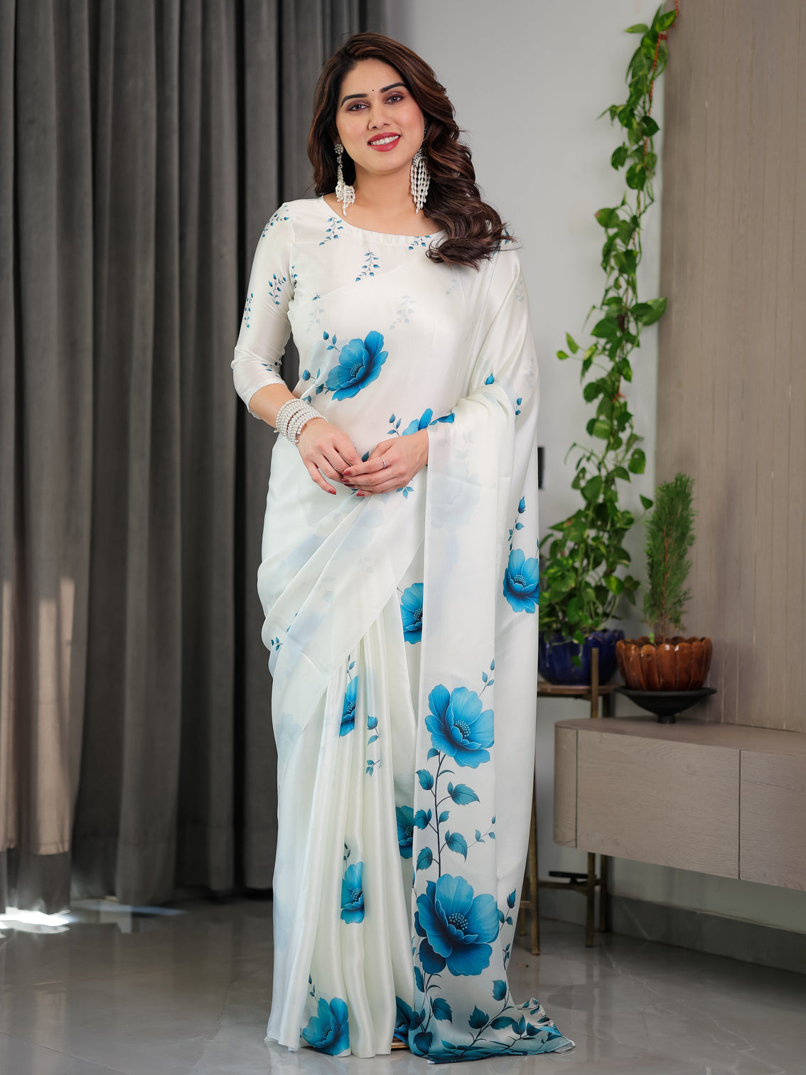White blue floral satin georgette saree with watercolour bloom print and designer back tie blouse