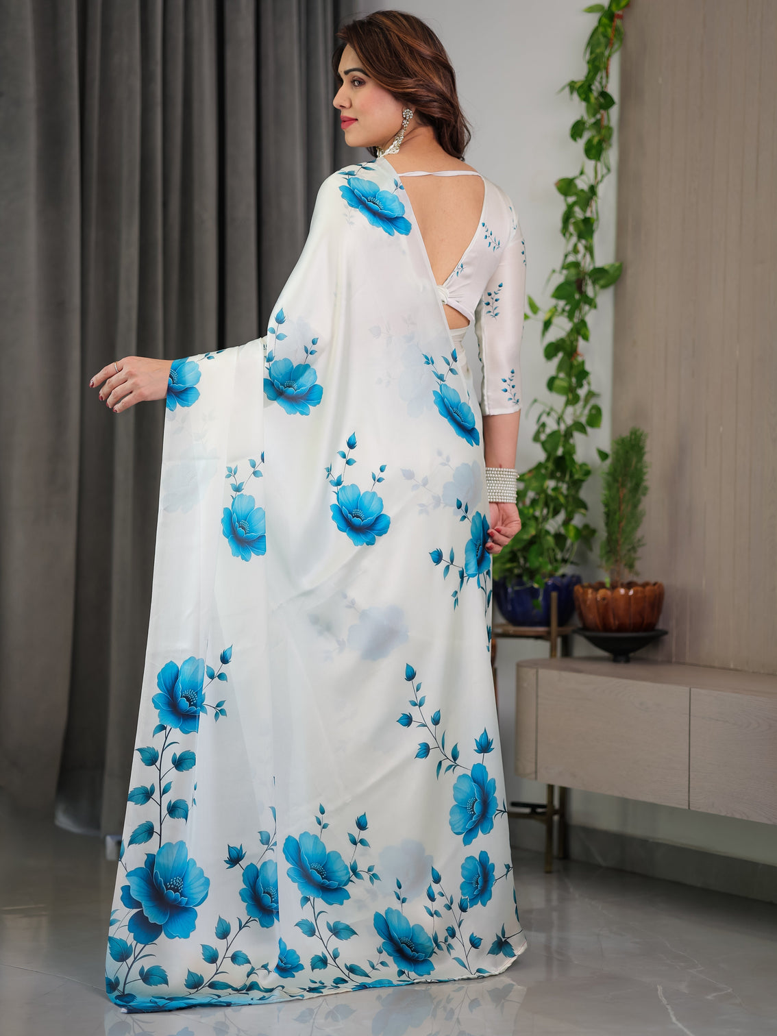 White blue floral satin georgette saree with watercolour bloom print and designer back tie blouse