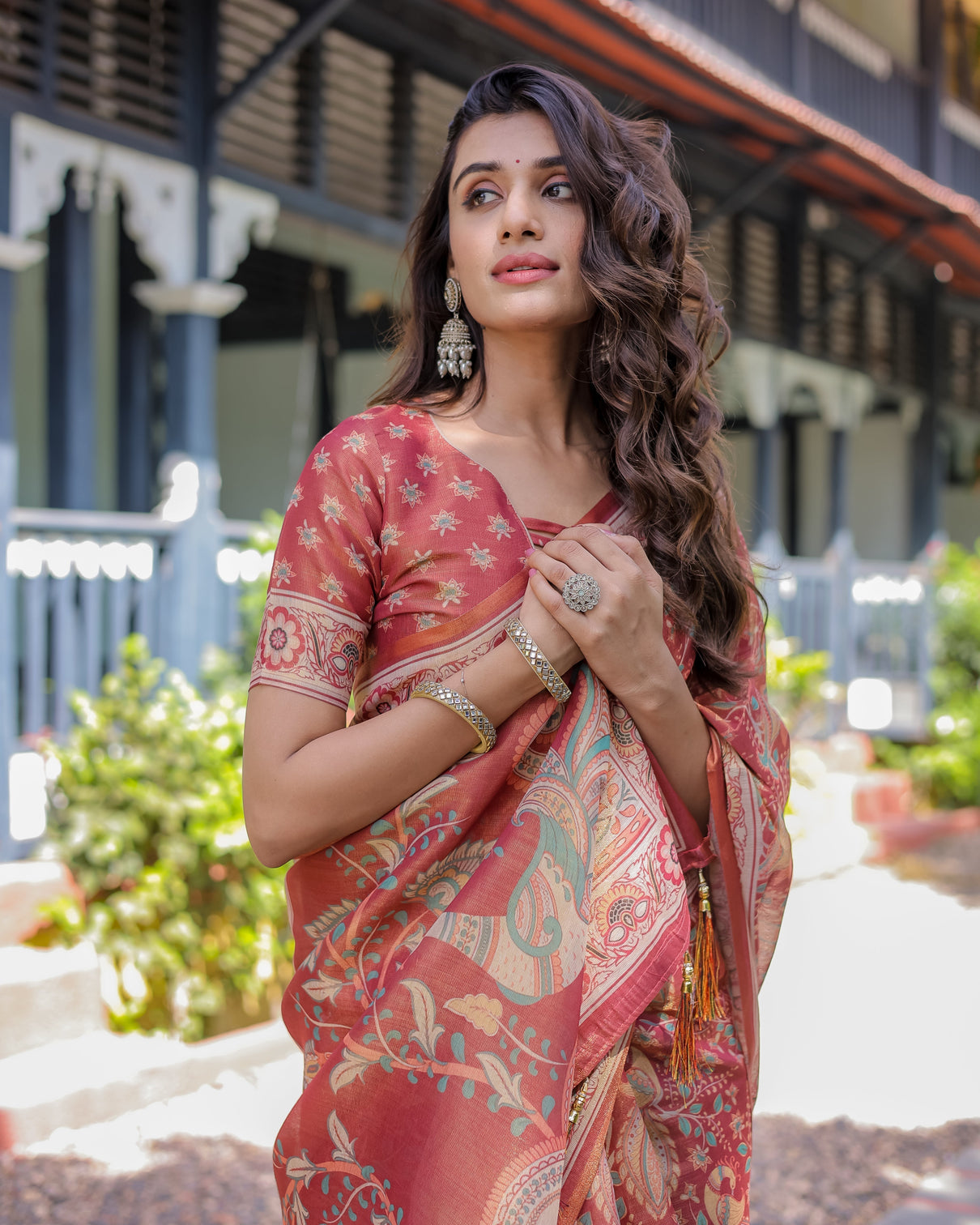 Rust red handloom cotton saree with artistic peacock floral print contrast blouse included