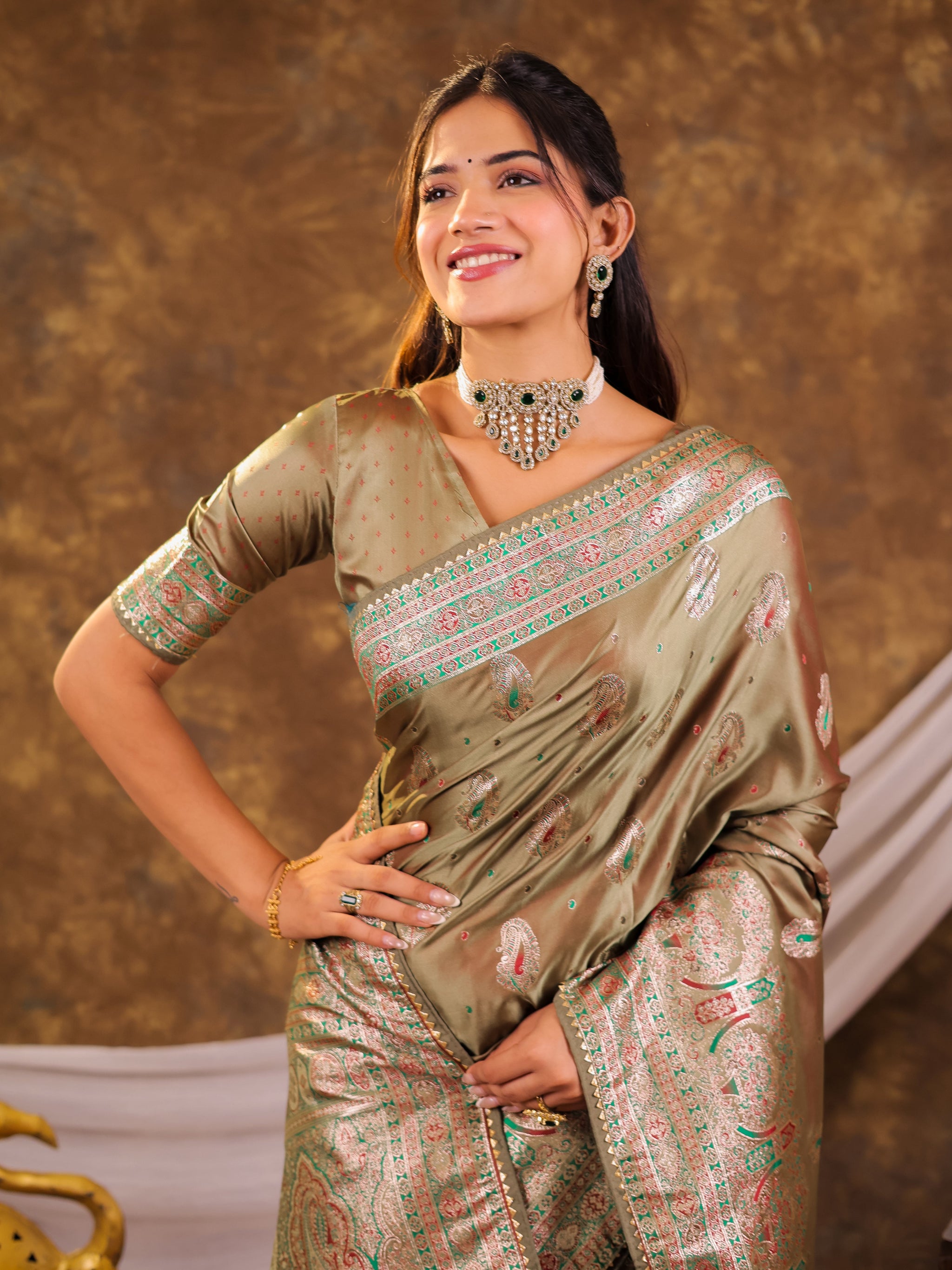 Olive Gold Kanjivaram Banarasi Satin Silk Saree with Antique Silver Zari Weaving, Heritage Pallu & Tassel Detailing