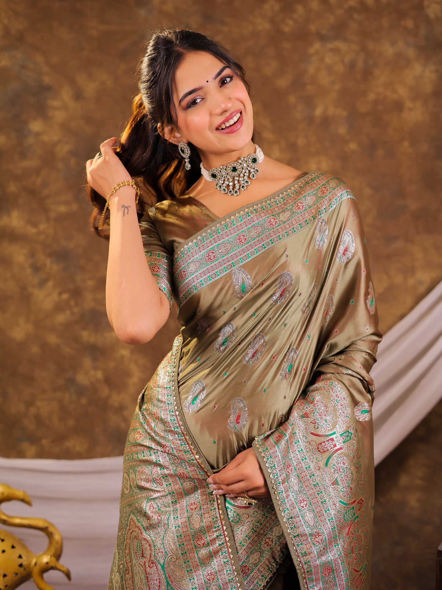 Olive Gold Kanjivaram Banarasi Satin Silk Saree with Antique Silver Zari Weaving, Heritage Pallu & Tassel Detailing