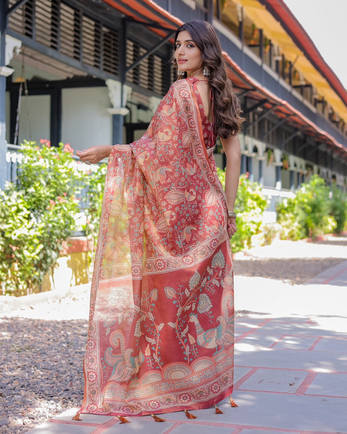 Rust red handloom cotton saree with artistic peacock floral print contrast blouse included