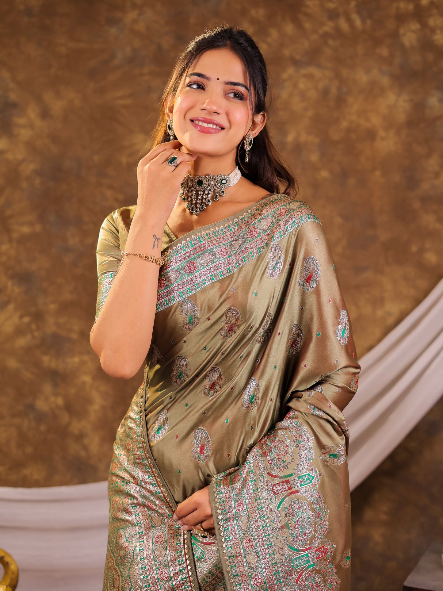 Olive Gold Kanjivaram Banarasi Satin Silk Saree with Antique Silver Zari Weaving, Heritage Pallu & Tassel Detailing