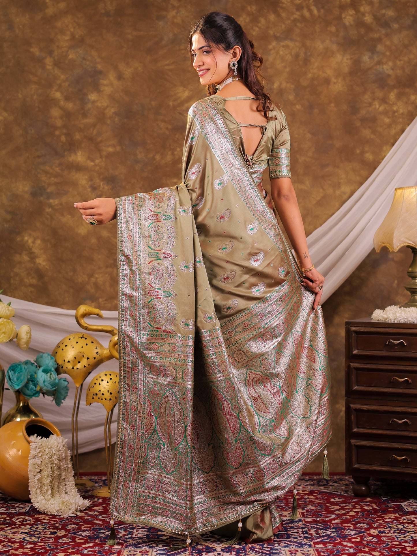 Olive Gold Kanjivaram Banarasi Satin Silk Saree with Antique Silver Zari Weaving, Heritage Pallu & Tassel Detailing
