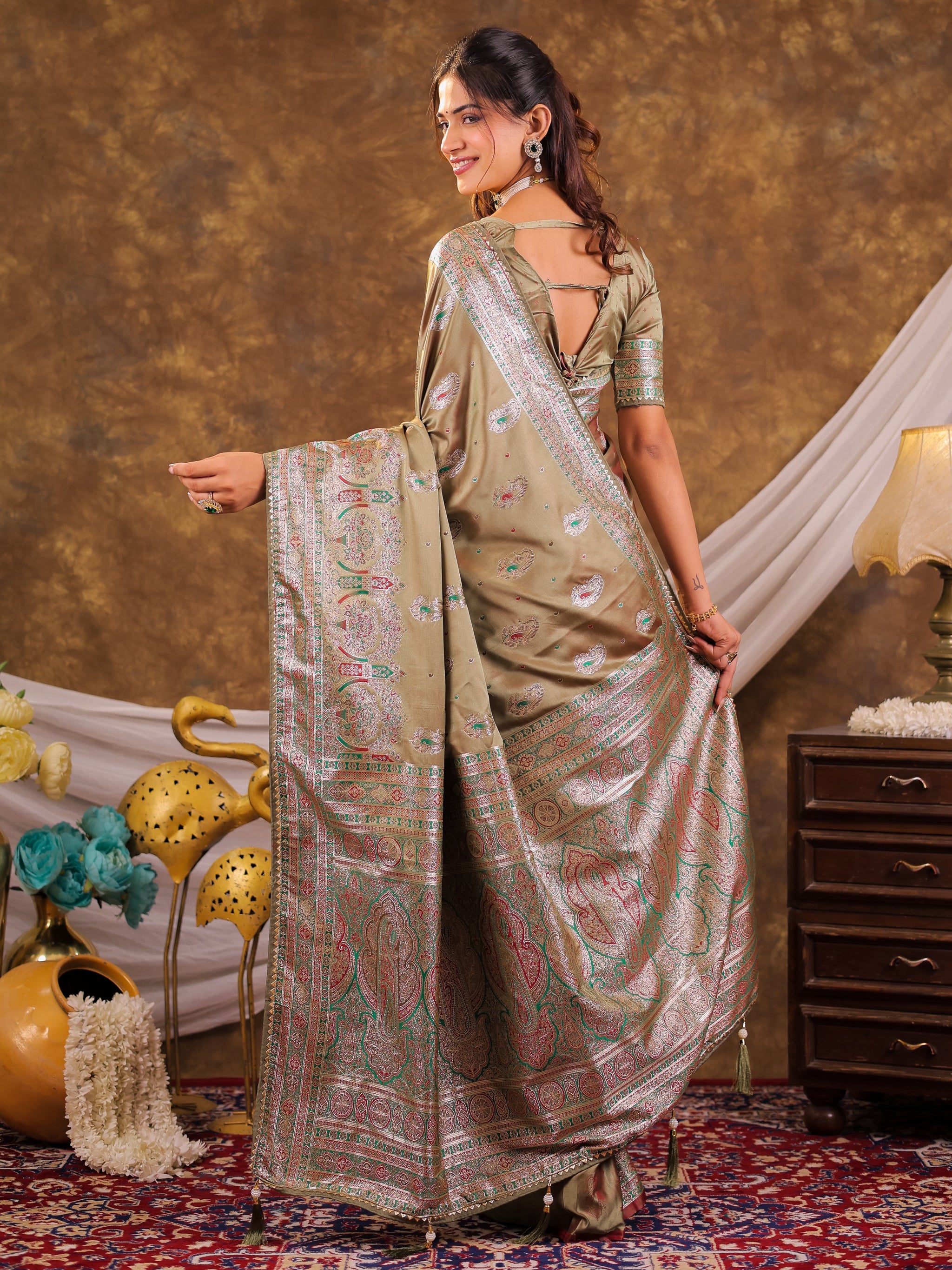 Olive Gold Kanjivaram Banarasi Satin Silk Saree with Antique Silver Zari Weaving, Heritage Pallu & Tassel Detailing
