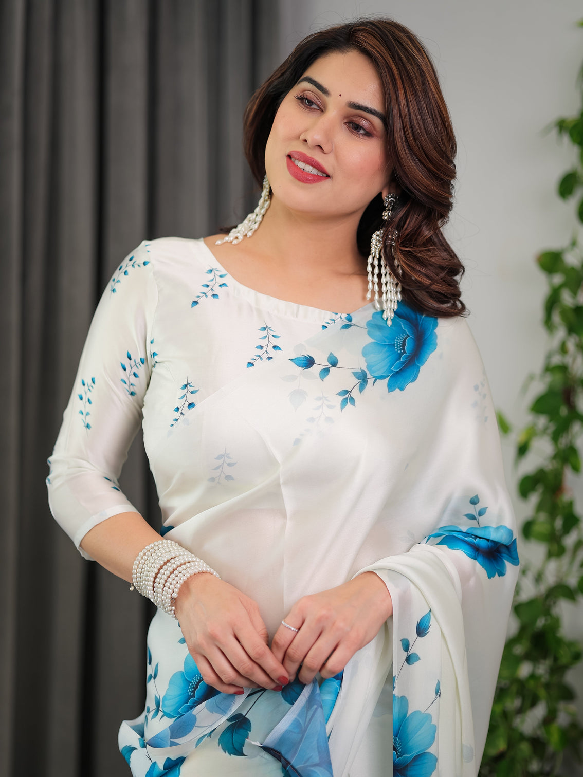 White blue floral satin georgette saree with watercolour bloom print and designer back tie blouse