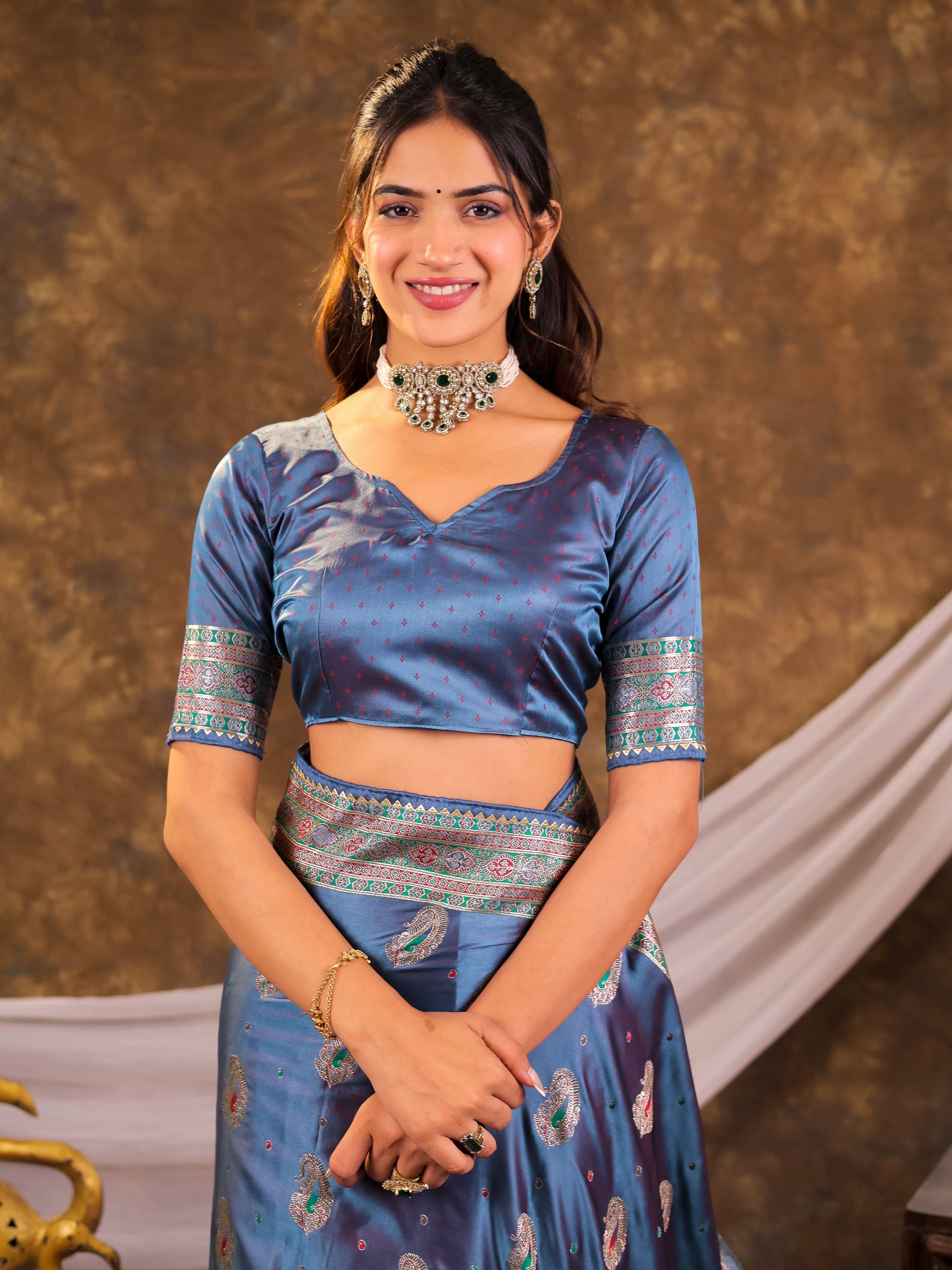 Steel Blue Kanjivaram Banarasi Satin Silk Saree with Antique Silver Zari Weaving, Heritage Pallu & Tassel Detailing