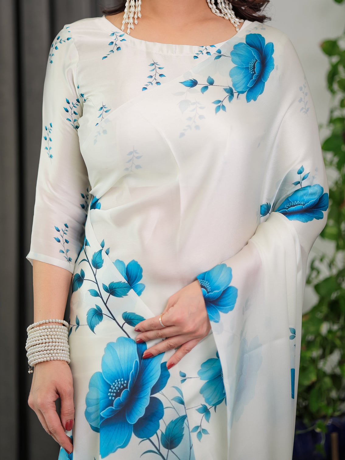 White blue floral satin georgette saree with watercolour bloom print and designer back tie blouse