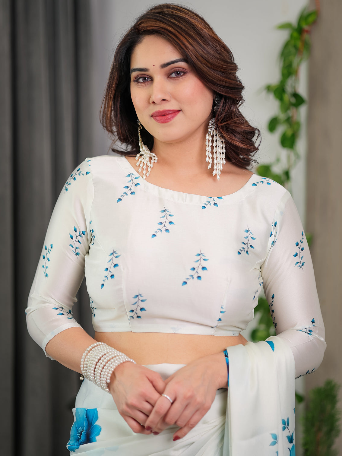 White blue floral satin georgette saree with watercolour bloom print and designer back tie blouse