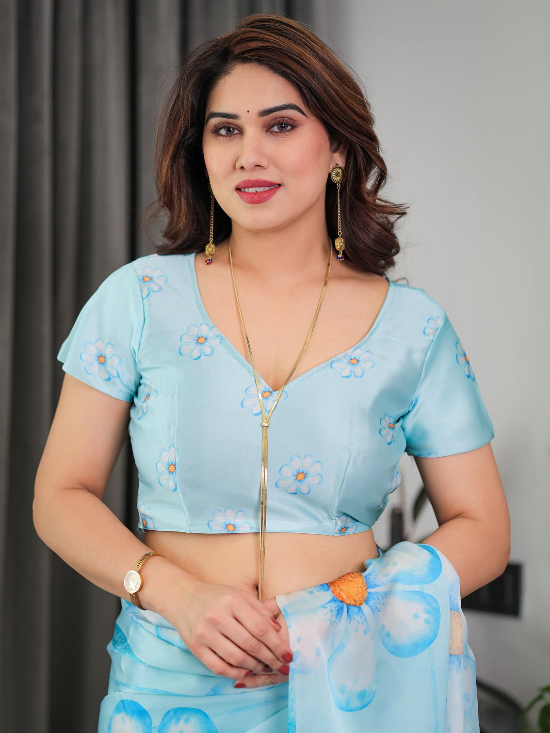 Sky blue satin georgette floral printed saree with attached blouse lightweight designer drape for festive everyday elegance