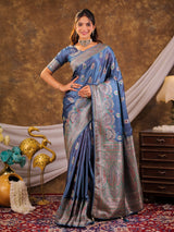 Steel Blue Kanjivaram Banarasi Satin Silk Saree with Antique Silver Zari Weaving, Heritage Pallu & Tassel Detailing