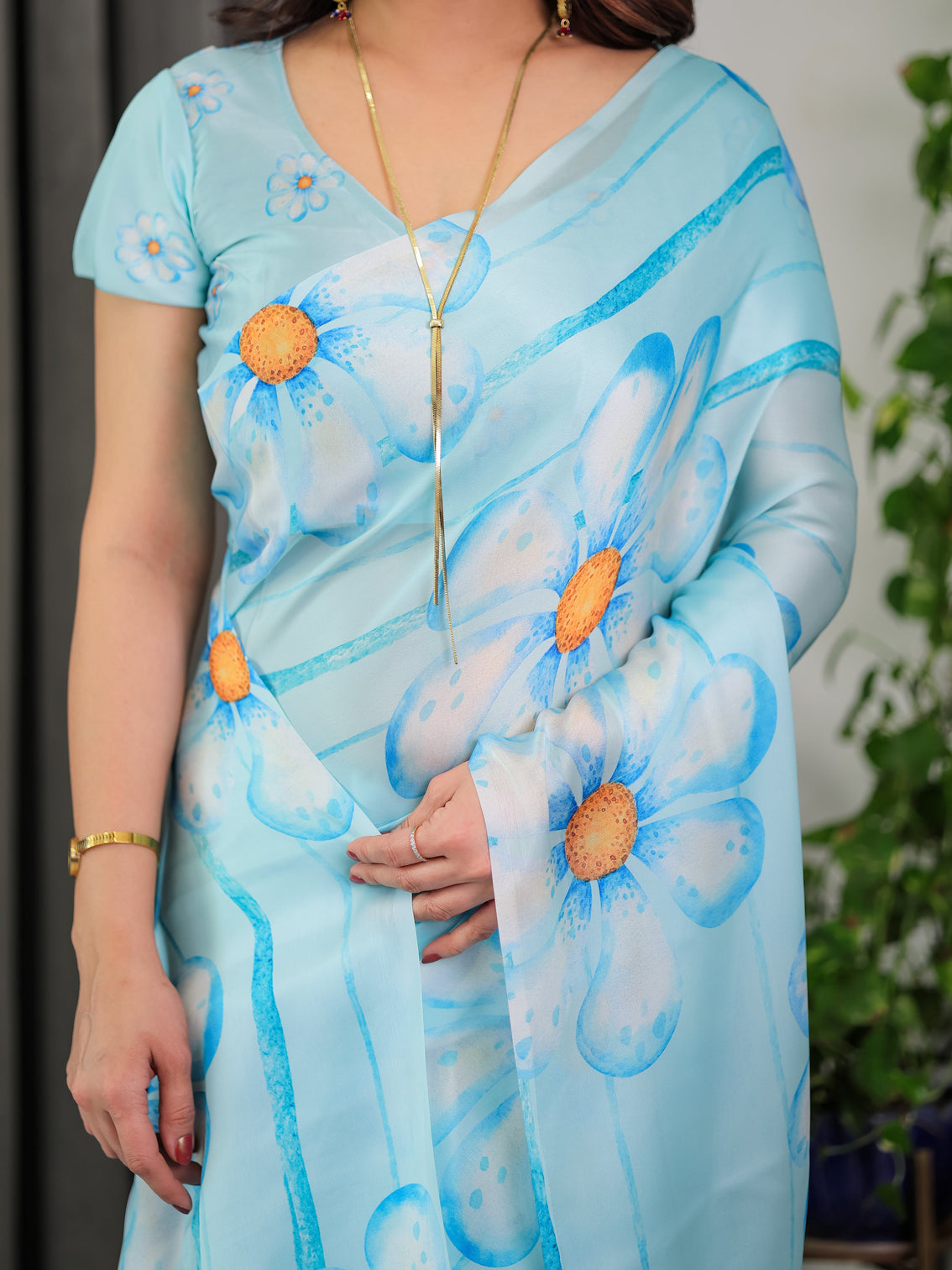 Sky blue satin georgette floral printed saree with attached blouse lightweight designer drape for festive everyday elegance